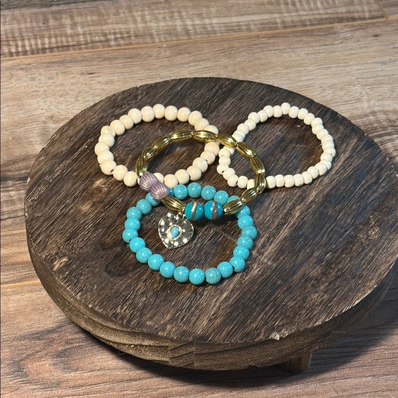 Turquoise and Cream Beaded Bracelet Set - Picture 2 of 5